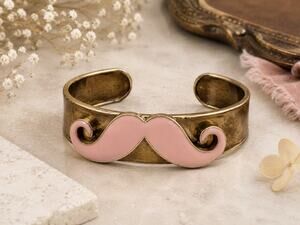 Gold Tone Pink Enamel Mustache Cuff Bracelet Funny Steampunk Rockabilly Novelty